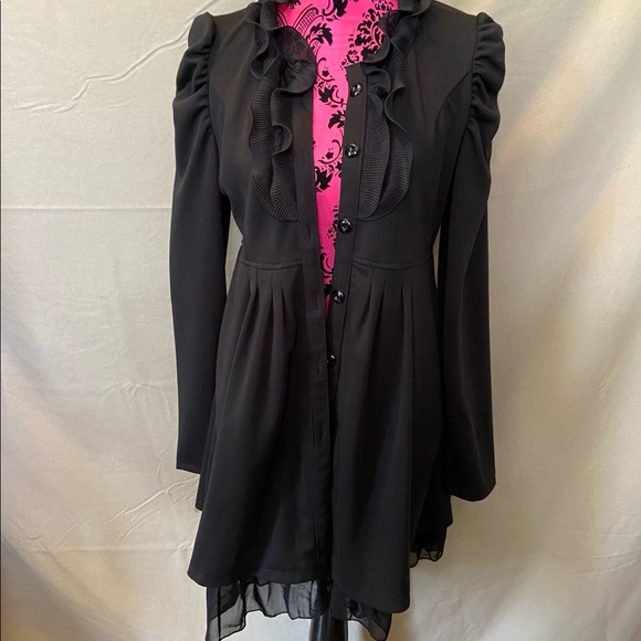 Jacket Black Ruffles Pleated Shear Bottom Dress Coat - Picture 5 of 13